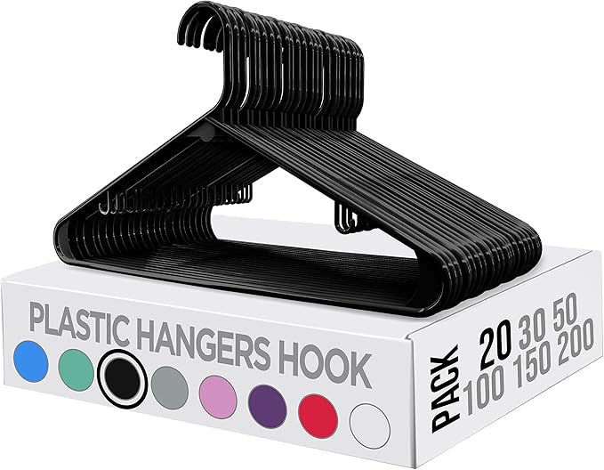 Utopia Home Plastic Hangers 20 Pack - Space Saving Clothes Hanger - Durable & Strong Closet Organizers and Storage with Built-in Strap Hooks - Essential for Shirts, Pants, Skirts & Coats (Black)