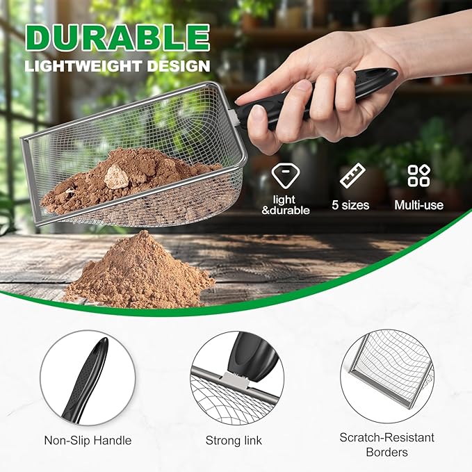 5pcs Soil Sifter Set for Gardening – Includes 2mm/2.8mm/3.8mm/4.3mm/5mm Garden Sifter for Soil, Handheld Compost Sifter for Dirt，Rocks, Heavy-Duty Shovel for Soil, Compost Sifting