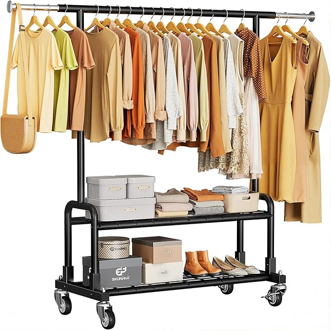 Luxspire Heavy Duty Clothes Rack, Clothing Rack Load 600 LBS, Rolling Clothes Racks for Hanging Clothes with Sturdy Wheels & 2 Tier Shelves, Adjustable Garment Rack for Bedroom, Laundry Room, Black