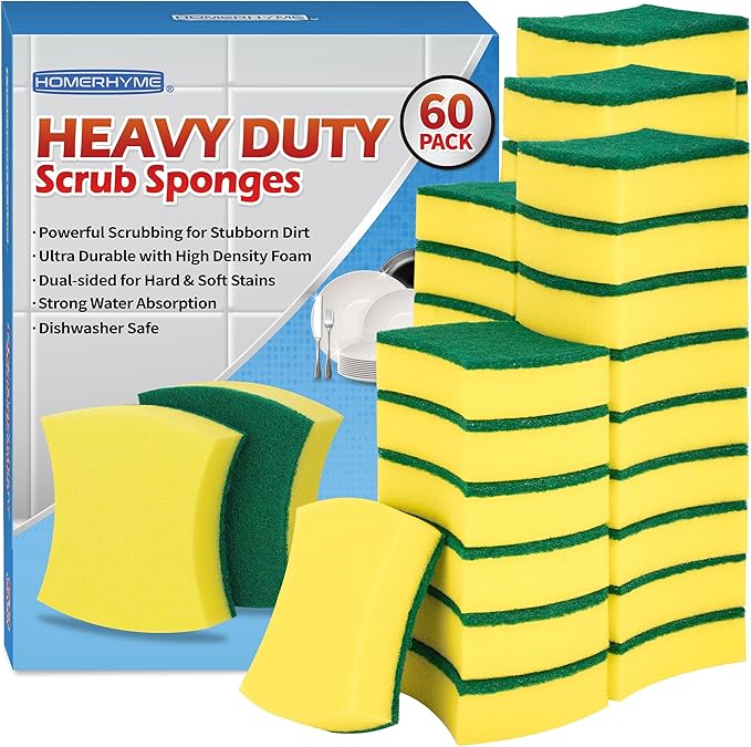 HOMERHYME Heavy Duty Sponges 60 Pack, Double-Side Scratch-Free Dish Sponges for Kitchen, Sturdy Multipurpose Cleaning Supplies for Home, Kitchen, Bathroom & Household