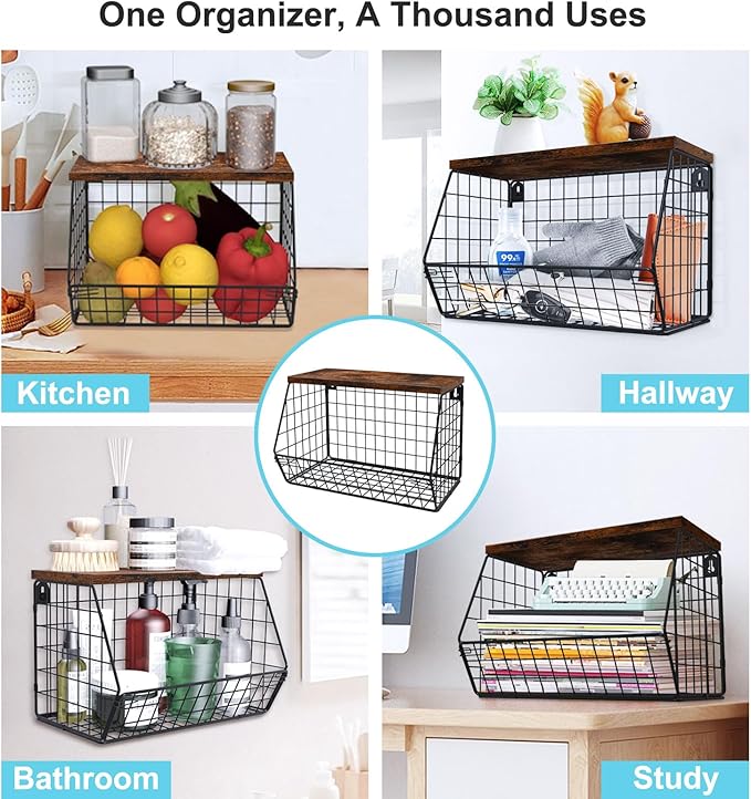 MSJGA Laundry Room Shelves Wall Mounted with Storage Basket - Stackable Wire Wall Shelves Organizer for Towels, Detergent, Tissues | Space-Saving Over Washer & Dryer, Small Spaces(11.8"Wx7.9"Dx8.5"H)
