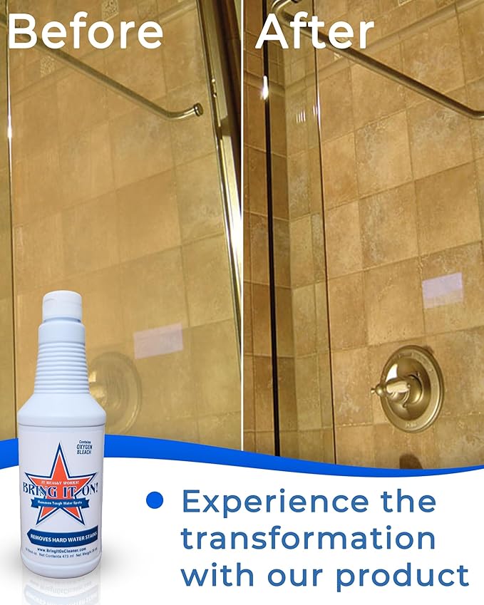 Bring It On Cleaner Hard Water Stain Remover 16 oz | Glass, Soap Scum Remover for Shower Glass, Fiberglass, Windows, Tile and Grout Cleaner, and Includes Scrubbing Drill Pads