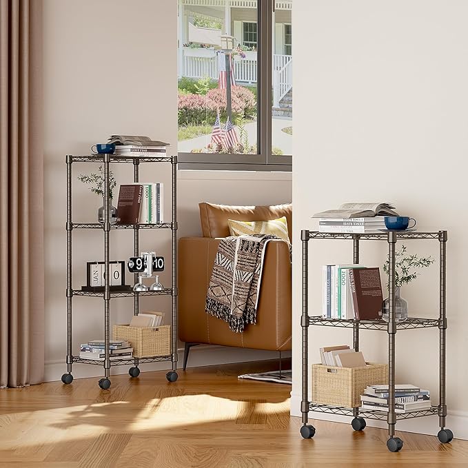 M MZG 3 Tier Shelf Metal Storage Shelves Wire Rack Closet Organizers with Wheel for Garage Kitchen Bathroom Laundry Brown 11.8" D x 17.7" W x 29.8" H