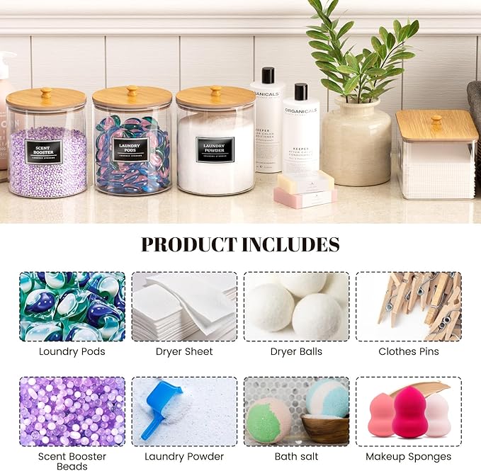 HomePekite 2 Pack Glass Laundry Pods Container, Clear Laundry Room Organization Containers with Lids & Labels, Powder Laundry Detergent Container for Scent Booster, Powder