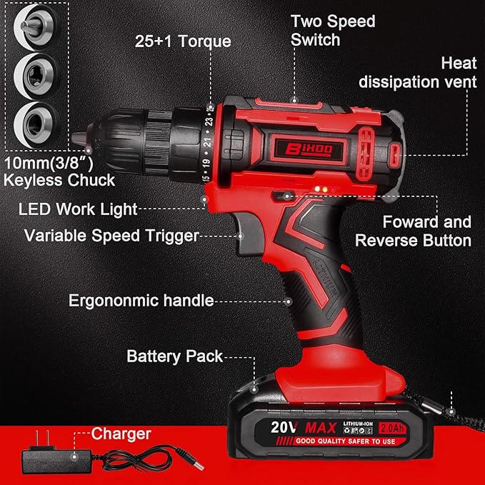 Cordless Drill Set,20V Drill Driver with Battery and Charger,3/8-Inch Keyless Chuck, Variable Speed,with Drills Bits Set,Red