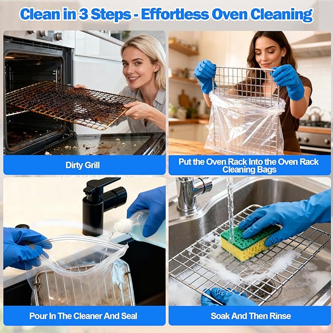 Palksky Oven Rack Cleaning Bags, 3 Sizes Heavy Duty No Scrub Oven Rack Cleaning Bags, Reusable Leak-Resistant PE Bags for Deep Soaking Grill Grates, BBQ Racks, No Cleaner Included, 16 Packs