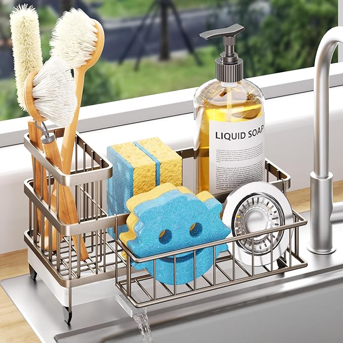 Consuemst Sponge Holder for Kitchen Sink - Auto Draining Sink Caddy Organizer with Detachable Rack, High Brush Holder, Kitchen Countertop Storage Accessories, Sand Nickel