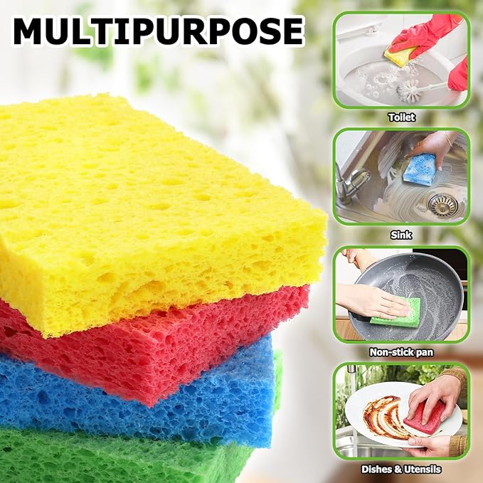 Compressed Natural Cellulose Sponges 24 Pack Regular Size Multicolor Soft Reusable Non-Scratch Long-Lasting Basics Dish Washing Sponges for Kitchen Cookware and Bathroom, DIY Cuts-Out for Fun