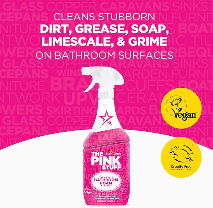Stardrops - The Pink Stuff Miracle Bathroom Foam Cleaner, 30 fl oz – Now 20% More! Powerful Foaming Action for Showers, Sinks, Tubs & Tiles – Removes Soap Scum, Limescale & Grime with Ease (Pack of 2)