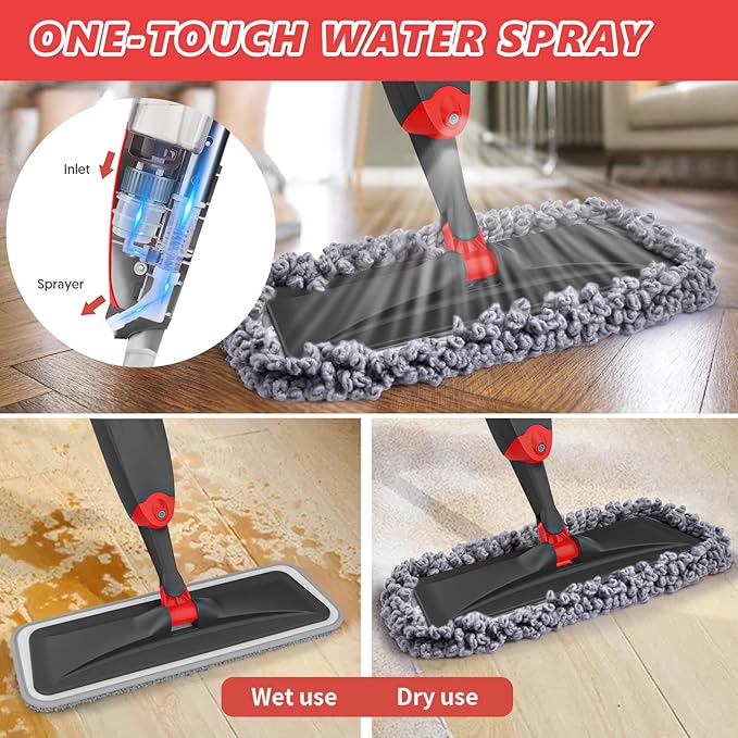 HOMTOYOU Microfiber Hardwood Floor Mop: Dust Spray Mops for Cleaning Wood Home Kitchen Floors - Wet Mopping & Dry Sweeping - 3 Reusable Refills & 1Pcs 400+ML Refillable Bottle