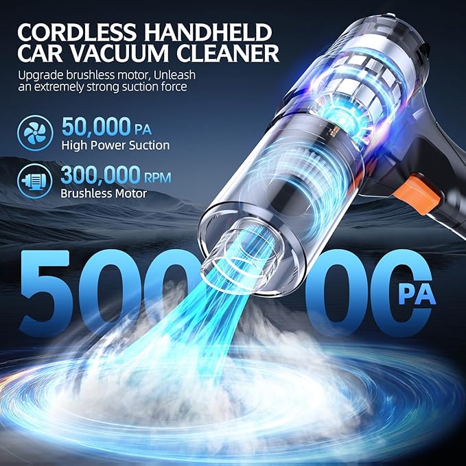 Handheld Cordless Vacuum Cleaner - 50000Pa High-Power Brushless Motor, Rechargeable Car Vacuum with 2 Batteries & Charger, 6-in-1 Portable Vacuum Cleaners for Home, Pet Hair, Keyboard, Black