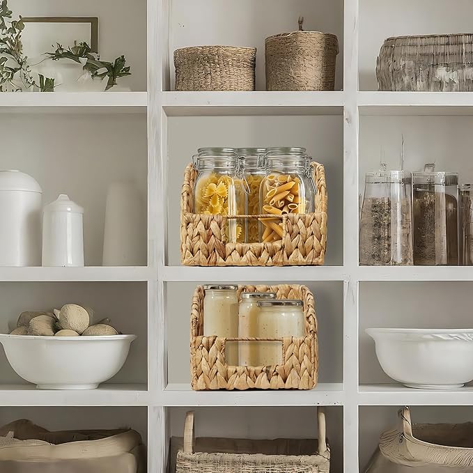 Casafield Set of 2 Water Hyacinth Pantry Baskets with Handles - Natural, Woven Storage Bin Organizers for Kitchen Shelves, Medium and Large Sizes