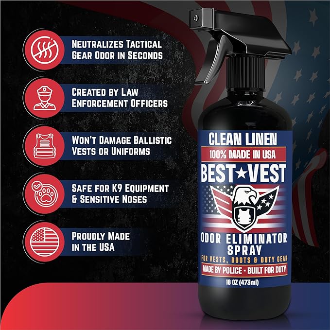 Odor Eliminator Spray for Tactical Gear & Body Armor – Clean Linen, 16 oz (2-Pack), Made in USA – Gift for Police & First Responders