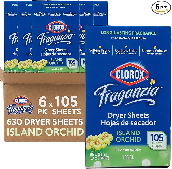Clorox Fraganzia Fabric Softener Dryer Sheets | Scented Laundry Dryer Sheet for Great Smelling Clothes | Island Orchid Scent, 105 Count - 6 Pack