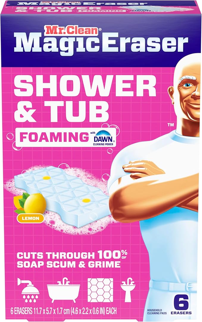 Mr. Clean Magic Eraser Sponge, Bathroom, Shower, Tub Cleaner, Soap Scum Remover, Bathroom Cleaning Supplies, Dawn Cleaning Power with Lemon Scent, Shower & Tub, 6ct