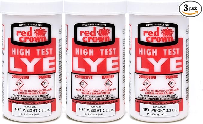 The Boyer Corporation Red Crown Lye for Soap Making, Sodium Hydroxide Pure High Test Food Grade Lye, Caustic Soda, Drain Cleaner and Clog Remover, 3 Pack 2.2 lbs.