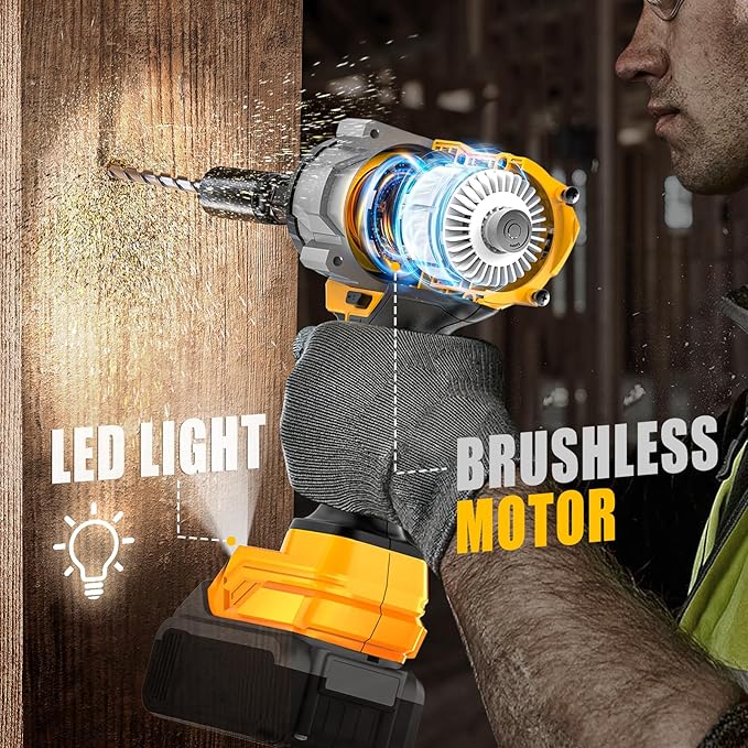 Cordless Impact Wrench Compatible with DeWalt 20V Battery: 1/2 Inch Hog Ring Impact Driver - High Torque - 1360N.m/1000Ft-lbs Cordless Impact Gun - Brushless Motor with LED Light - Tool Only