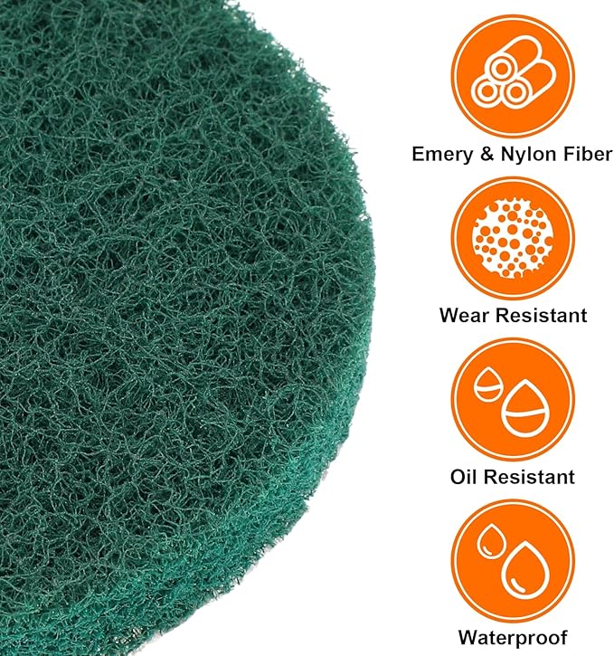 HARFINGTON 12pcs Scrubber Scouring Pads 180 Grits 4 Inch Drill Power Brush Hoop and Loop Surface Conditioning Disc Drill Scuffing Disc Scrub Pads for Home Kitchen Cleaning, Green
