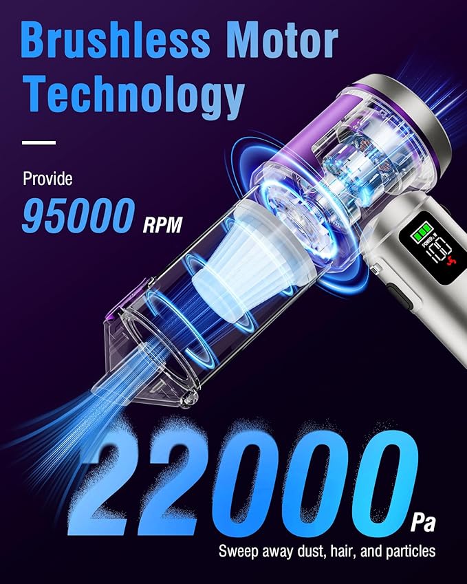 Handheld Car Vacuum Portable Cordless, 22000Pa High-Power Suction Hand held Vacuum Cleaner & Air Duster for Car Cleaning, Home, Office, Pet Hair | Multi-Nozzle, Washable Filter, LED Light
