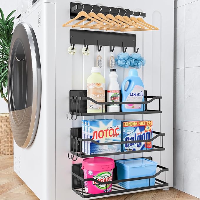 Magnetic Spice Rack,Multifunctional Magnetic Shelf for Washing Machine,Refrigerator,Microwave,and Any Metal Surface,Powerful Magnetic Shelves Include Magnetic Paper Towel Holder (5 pcs - Black)