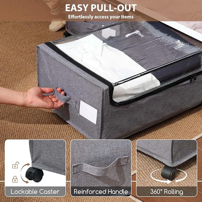 FOUCSSOMEI Under Bed Storage with Wheels, Rolling Under bed Storage with Metal Frame, Under Bed Shoe Storage for Space Saving, Zippered Clear Lid, Heavy-Duty Steel Base for Clothes,4XL 90L