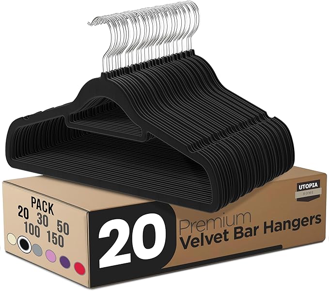 Utopia Home Premium Velvet Hangers 20 Pack - Non-Slip Clothes Hanger with Tie Bar - Black Hangers with 360 Degree Rotatable Hook - Heavy Duty Coat Hanger