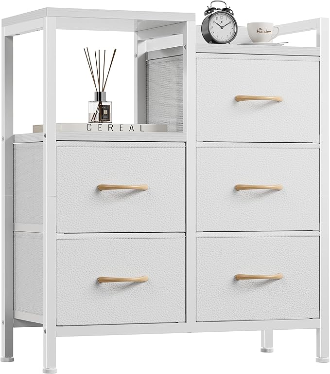 Furnulem 5 Drawer White Dressers for Bedroom 2 Tier Shelf Storage Small Fabric Dresser for Closet Sturdy Metal Frame Modern Style Storage Cabinets Organization Units for Hallway Rooms