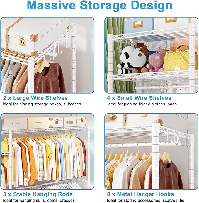 Ulif F7 Plus Garment Rack, Heavy Duty Clothes Rack, Clothing Racks for Hanging Clothes, 6-Tiers Freestanding Portable Closet Storage Rack 68'' W × 14.6'' D × 76.6'' H, Max Load 850 Lbs, White