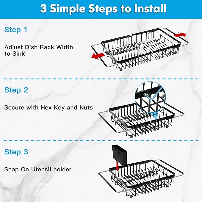 Expandable Stainless Steel Dish Drying Rack Over The Sink For Small Kitchen, Counter Space Saving Compact Black Metal Plate Drain Strainer, Adjustable Hanging In Sink Rust Proof Wire Dryer Holder