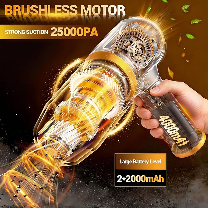 Cozylady Handheld Car Vacuum Portable Cordless, High Power 6 in 1 Vacuum Cleaner & Air Duster & Air Blower with 4000mAh Brushless Motor and Multi-Nozzles for Car, Home, Office, Camping, Pet (25kpa)