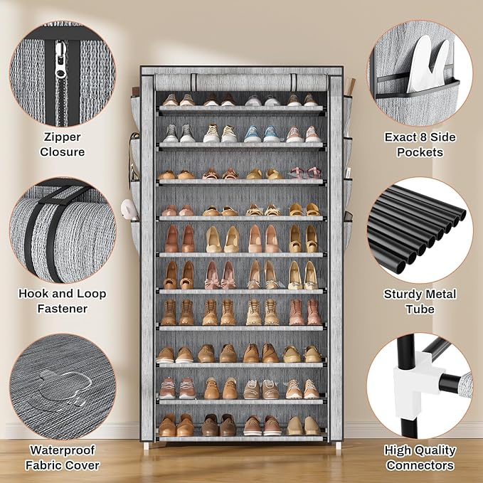 VTRIN Tall Shoe Rack with Cover, 10 Tier Shoe Organizer Storage for 50-55 Pairs Shoes and Boots Large Capacity Shoe Shelf with 8 Pockets Free Standing Shoe Rack for Closet, Entryway, Garage, Printing