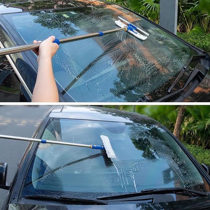 ITTAHO Squeegee for Window Cleaning with Extendable Pole, 53" 2-in-1 Window Cleaning Tool Kit, Shower Squeegee with Long Handle, Indoor/Outdoor High Window Cleaning-Two Pads