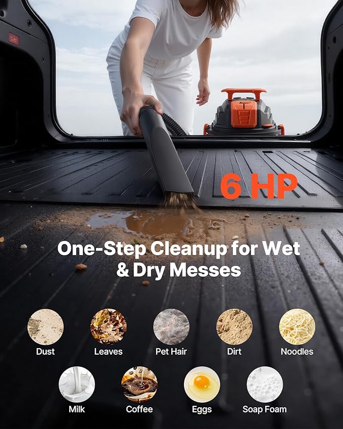 VEVOR Shop Vac, 8 Gallon Wet Dry Shop Vacuum, 6 Peak HP with One-Button Self-Cleaning, Dual-Filter, 900W Input Power, 1.25in x 7ft Hose, 9.8ft Cord, Metal Tank for Jobsite, Workshop, Garage, Home
