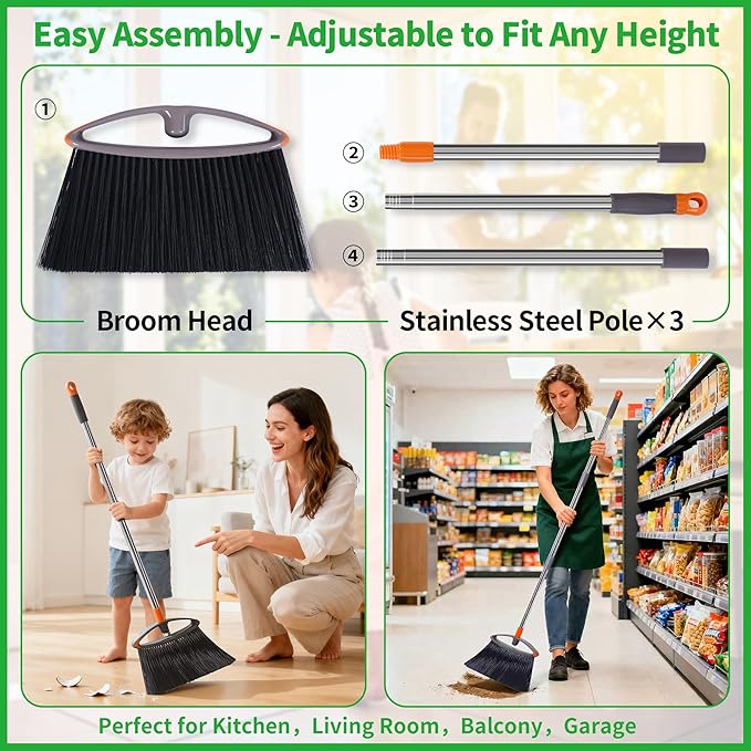 Still Bristle Broom to Sweep Snow, Heavy Duty Broom with Collapsible Handle, Ideal for Indoor Outdoor Hardwood Floors Kitchen Salon Camping Cat Pets Hair Home Room Office, Sturdy and Durable, Gray
