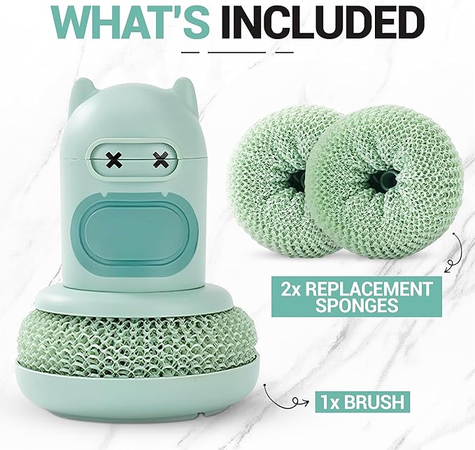 Dish Scrubber with Soap Dispenser, 2 Replaceable Sponges Included, Refillable Push-Button Handheld Sponge Scrubber, Palm Grip Kitchen Sink Cleaner for Dishes, Pots, Pans & Nonstick
