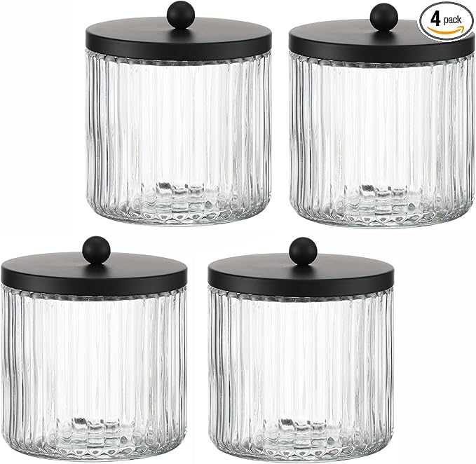 KMwares 4-Pack Glass Qtip Holder Dispenser Set for Cotton Ball, Swab, Round Pads, Floss Picks - Bathroom Canister Storage Organization and Vanity Makeup Organizer(Clear-4)