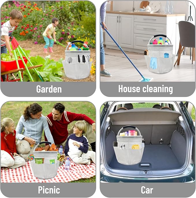 Qivine 17L Cleaning Caddy with Handle, Cleaning Supply Caddy, Foldable Tool Bag Cleaning Products Organizer, Portable Cleaning Bucket Caddy for Cleaning Supplies (Clear)