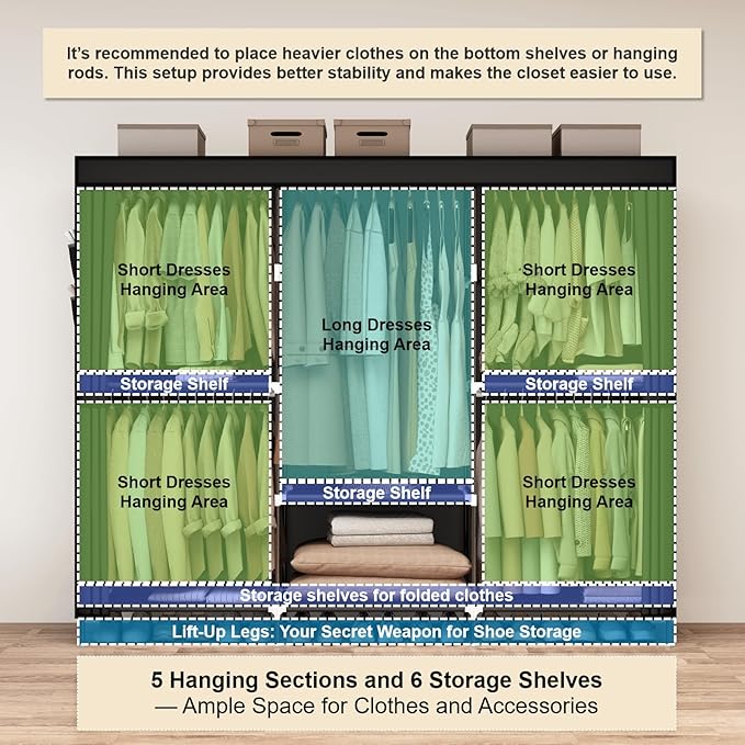 MOGELAFOO 83" Closet Wardrobe, Portable Closet for Bedroom, Freestanding Clothes Rack with Non-Woven Fabric Cover, 5 Hanging Rods, 6 Storage Shelves, Clothes Storage Organizer, Black
