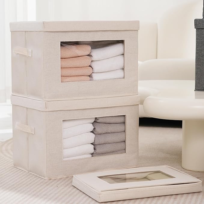 Citylife 3-Pack Storage Bins with Lids, Fabric Foldable Storage Bins with Soft Cord Handles, Canvas Storage Bin with Lid for Organizing Clothes, Blankets and Books, Beige