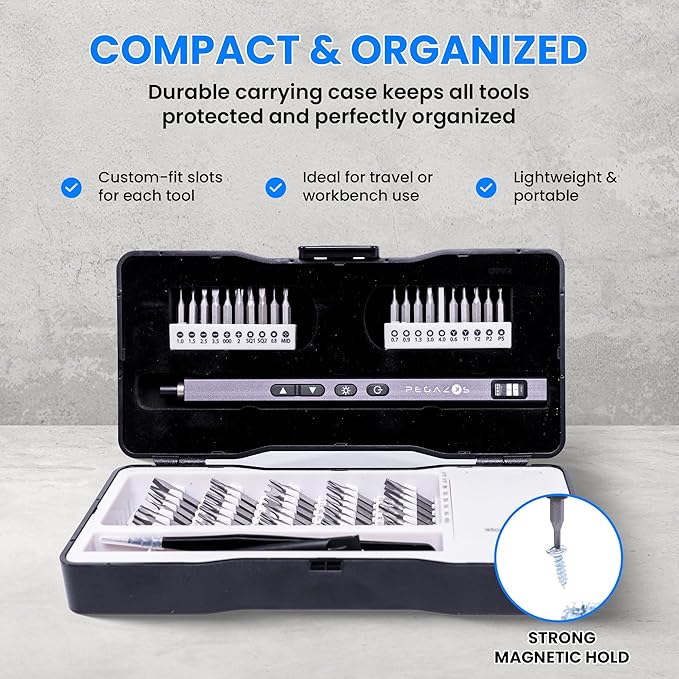 Precision Electric Screwdriver Set - USB Rechargeable Mini Screw Driver with LED Light, 60 Magnetic Bits, 2 Speed Settings, Carry Case - Tool Kit for Electronics, Laptop, Phone, Watch, Glasses