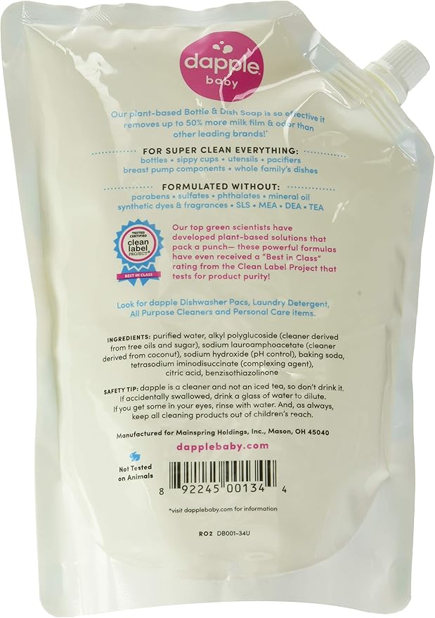 Dapple Refill Pack Baby Bottle and Dish Liquid, Fragrance Free, 33.8 Fluid Ounce (Pack of 2)