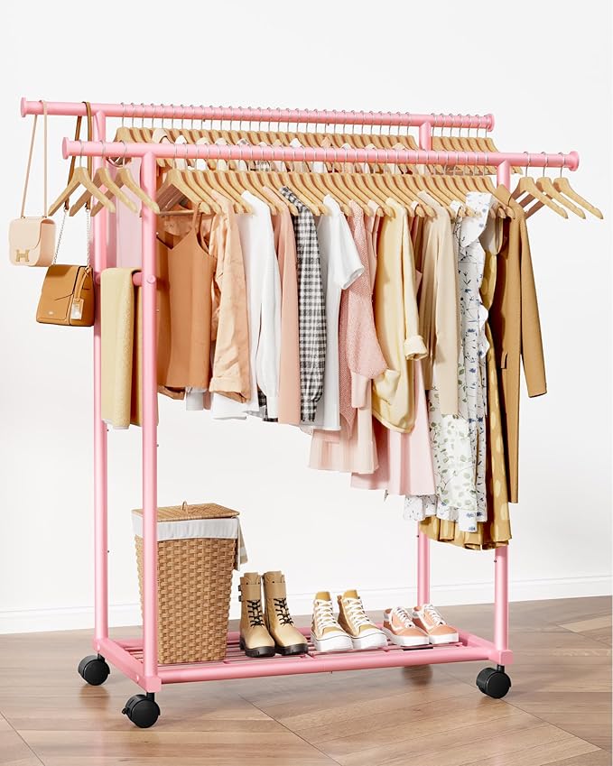 Sakugi Metal Clothes Rack - Double Rod Clothing Rack with Fixed Design and Rolling Wheels, Coat Rack with Built-In Shelf for Closet Organizers and Storage (38.5" x 16.9" x 59.0", Pink)
