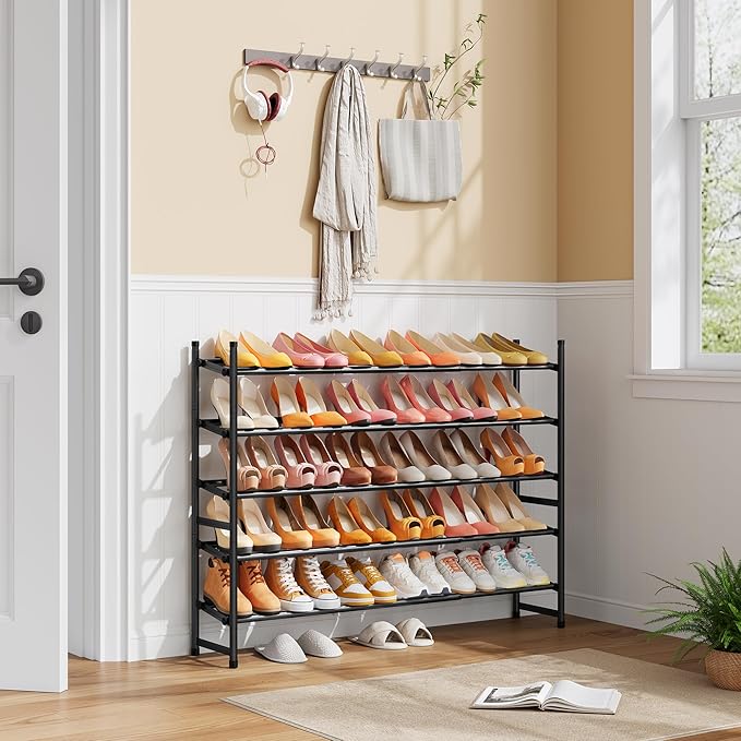 Tajsoon Expandable Shoe Rack for Closet 5 Tier, 29“-41“Adjustable & Stackable Shoe Shelf Storage, Metal Shoe Rack Organizer for Front Door Entrance, Closet, Garage, Entryway, Black