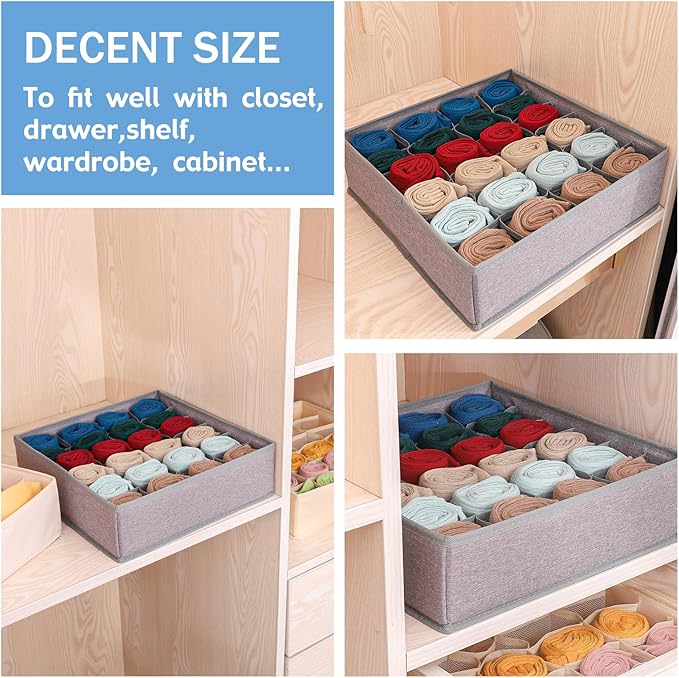Foldable Storage Cubes Drawer Underwear Organizer Dividers， under Cabinet Organizer 24-Cell Fabric Storage Boxes for Lingerie,Socks,Ties （Grey）