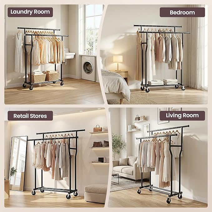Clothes Rack, Double Rods Rolling Clothing Rack for Hanging Clothes Load 260 LBS Closet Rack with Wheels, Metal Portable Garment Rack for Bedroom Laundry Living Room, Black