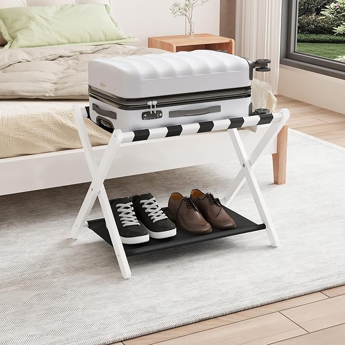 Smuxee White Bamboo Luggage Rack for Guest Room, Foldable Suitcase Stand with Storage Shelf, Easily Assembled Luggage Stand with 5 Nylon Straps for Guest Room Bedroom Hotel