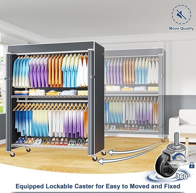 ULIFHOME P8C Max Heavy Duty Clothes Rack（With Extended Width Design） Rolling Clothing Racks for Hanging Clothes with Lockable Wheels，51.2" W x 15.8" D x 80.5" H，Load 700LBS，White Rack with Grey Cover