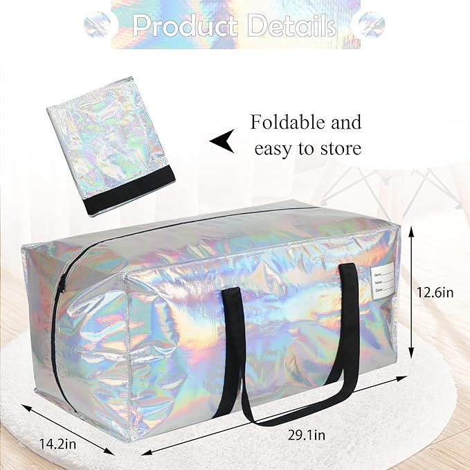 JCBZAMZ 4 Pack Heavy Duty Moving Bags Extra Large Waterproof Foldable Clothing Storage Totes Bags with Zipper,Reinforced Handles,Packing Moving Boxes for Dorm & Seasonal Storage,Iridescent
