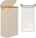iEGrow 65L Slim Laundry Hamper, Narrow Laundry Basket with Lid,Foldable Clothes Hamper with Bamboo Handles,Hamper Basket with Removable Inner Bag for Laundry Room Bedroom College Dorm,Oatmeal
