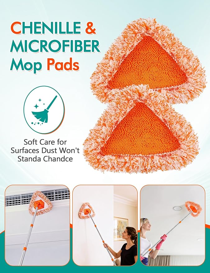 Ceiling Fan Cleaner Duster with 76" Extendable Long Handle,180° Wall Mop Cleaner for Walls/Ceiling Fans/Dust/Baseboards/Floors/Blade Blinds/dDoors Clean,Feather Duster Cleaning Kit